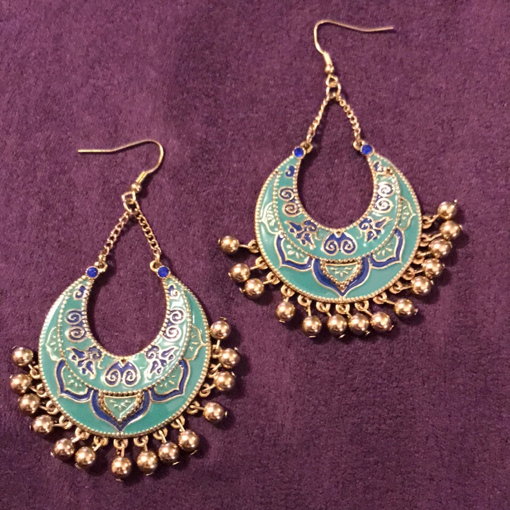 Big Beautiful Enamel Turquoise Earrings.
